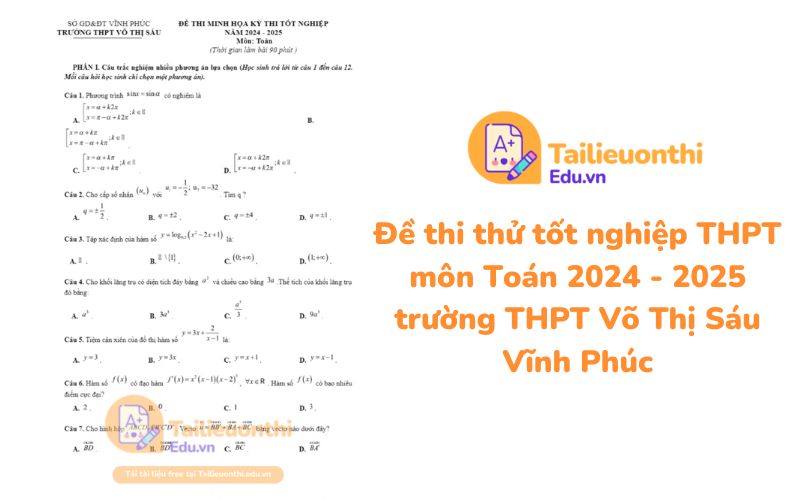 Đề thi thử tốt nghiệp THPT môn Toán 2024 - 2025 trường THPT Võ Thị Sáu Vĩnh Phúc